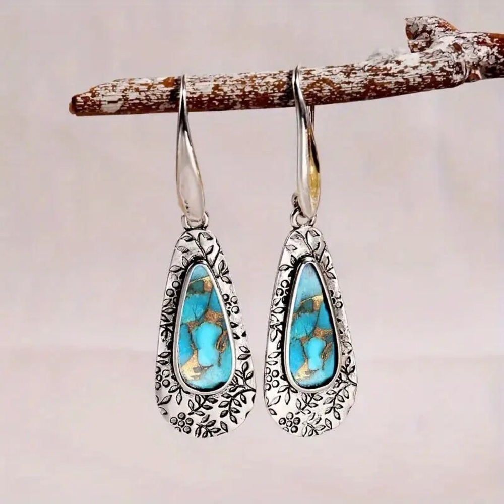 Floral Silver and Turquoise Drop Earrings